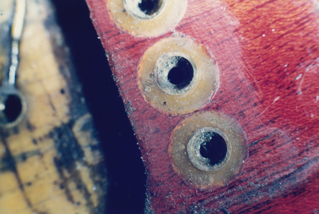 Bridge mounting brass inserts were glued in place with Araldite epoxy resin