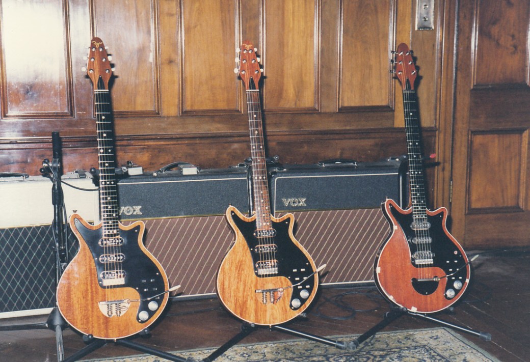 Red Special guitars at Allerton Hill Feb 1998 from left: John, George Burns and 'the' Red Special